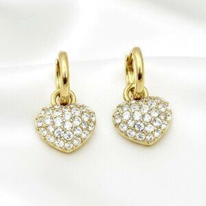 Vintage Swarovski Gold Tone Heart Earrings with Crystals Half Hoop Dangles